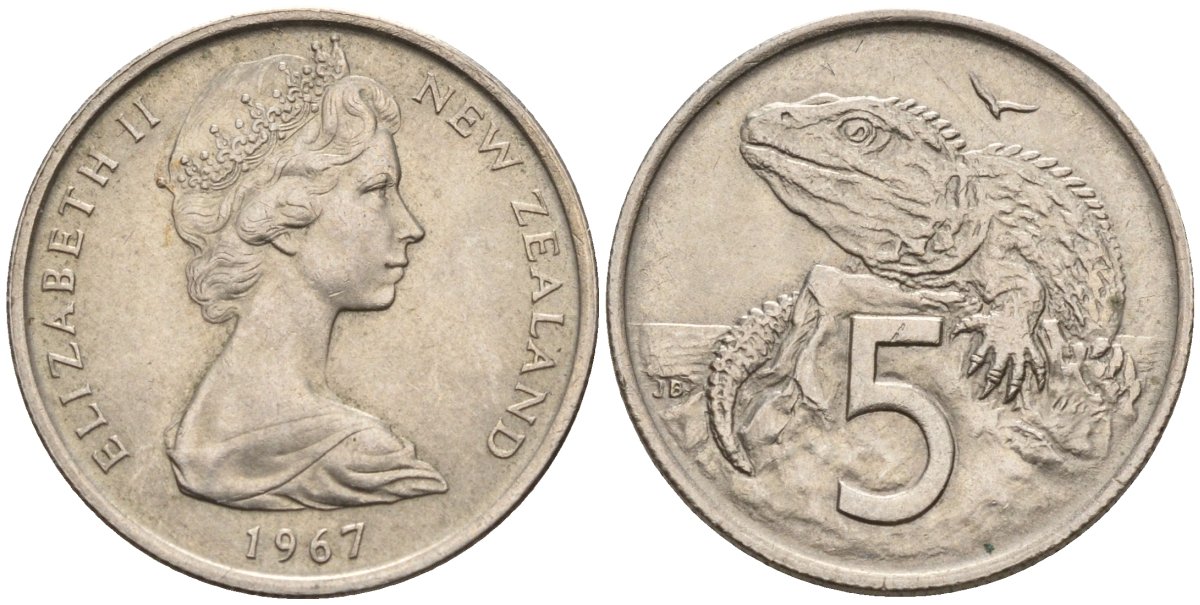 Новая Зеландия 5 центов 1967 Елизавета II (1952-2022), ящерица гаттерия KM 34.1 медно-никель 4541-443