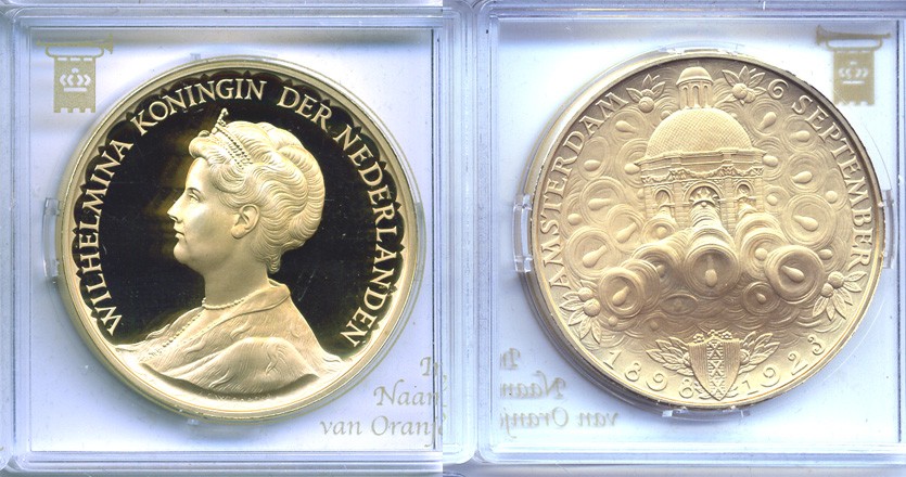 Нидерланды медаль ND КОРОЛЕВА ВИЛЬГЕЛЬМИНА, АМСТЕРДАМ 6 СЕНТЯБРЯ (1898-1923) бронза, позолота PROOF 5-3-1-103