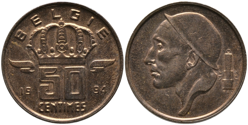 БЕЛЬГИЯ 50 САНТИМОВ 1994 BELGIE, БОДУЭН I (1951-1993) KM 149.1 бронза 99-1213