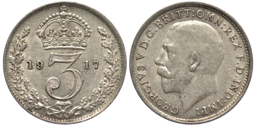 Великобритания 3 пенса 1917 Георг V (1910-1936) KM 813, Spink 4015 серебро 4528-454