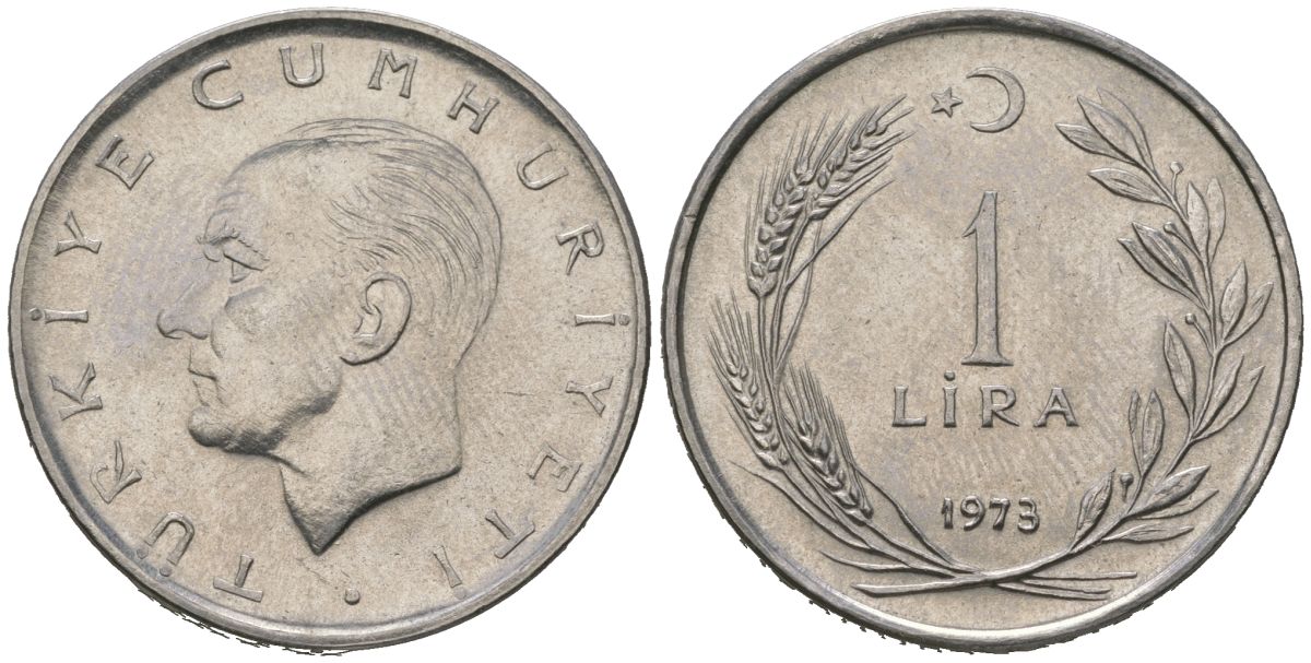 Турция 1 лира 1973 Мустафа Кемаль Ататюрк KM 889a.2 нержавеющая сталь BU 4620-554