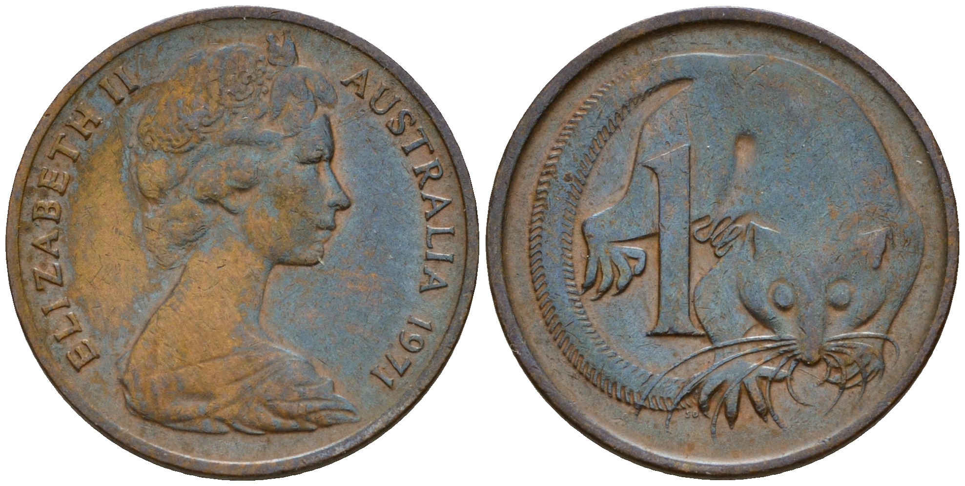 Австралия 1 цент 1971 Елизавета II, опоссум KM 62 бронза    4598-538