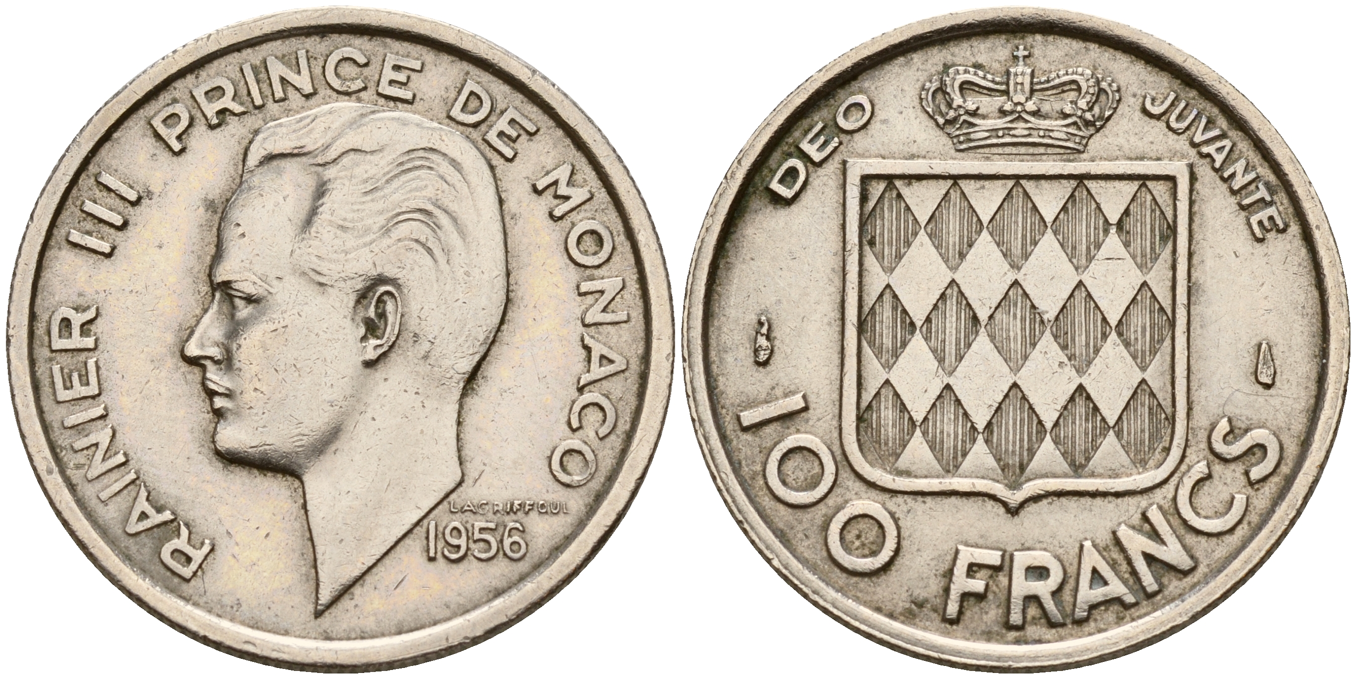 Монако 100 франков 1956 Ренье III (1949-2005) KM 134 медно-никель 4601-954