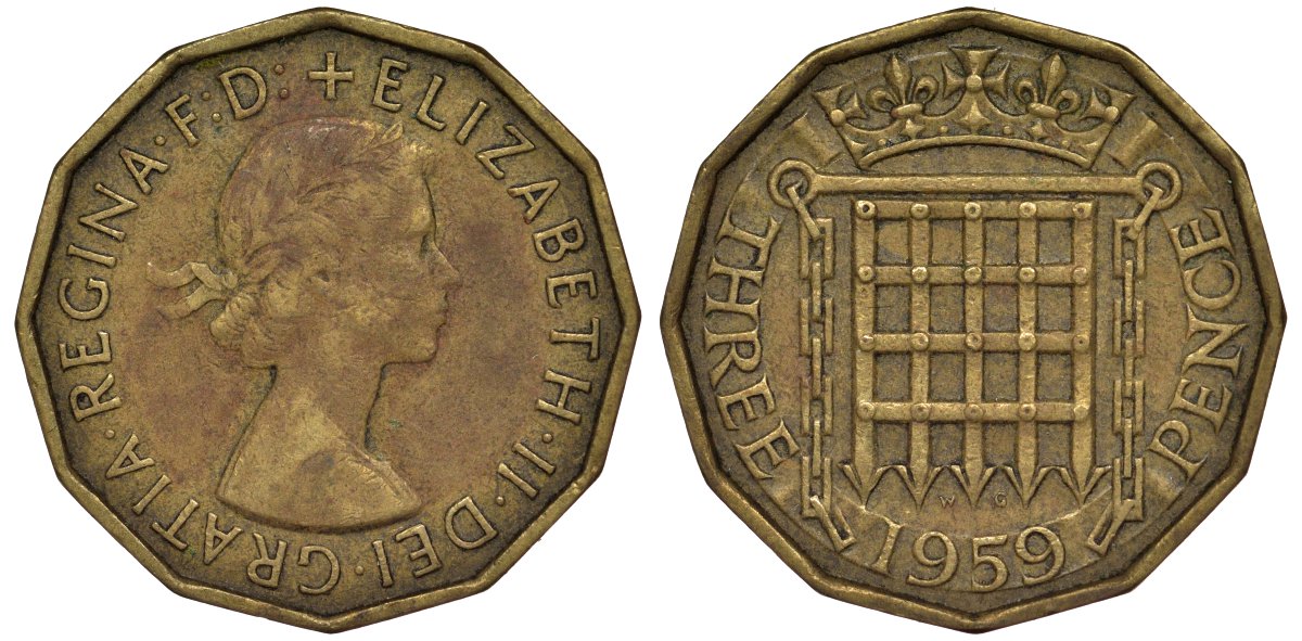 Великобритания 3 пенса 1959 Елизавета II (1952-2022) KM 900, Spink 4153 никель латунь 4128-837