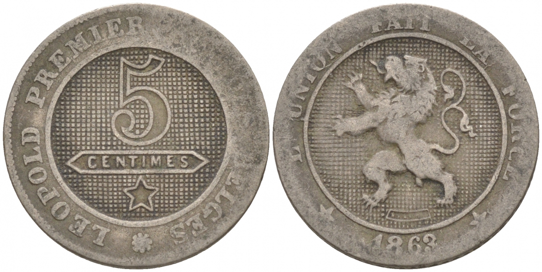 БЕЛЬГИЯ 5 САНТИМОВ 1863 BELGES KM 21 медно-никель 68-732
