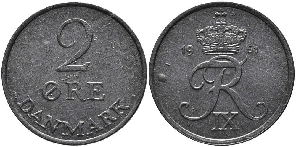 ДАНИЯ 2 ЭРЕ 1951 N; S, ФРЕДЕРИК IX (1947-1972) KM 840.1 цинк UNC 28-1035