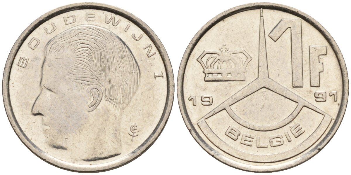 Бельгия 1 франк 1991 Belgie, Бодуэн I (1951-1993) KM 170 нержавеющая сталь 4596-849