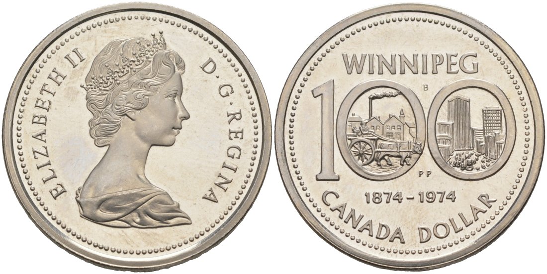 КАНАДА 1 ДОЛЛАР 1974 100 ЛЕТ ГОРОДУ ВИННИПЕГ (1874-1974) KM 88 никель UNC 63-541