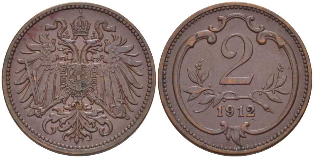 АВСТРИЯ 2 ГЕЛЛЕРА 1912 ФРАНЦ ИОСИФ (1846-1918) KM 2801 бронза 201-336