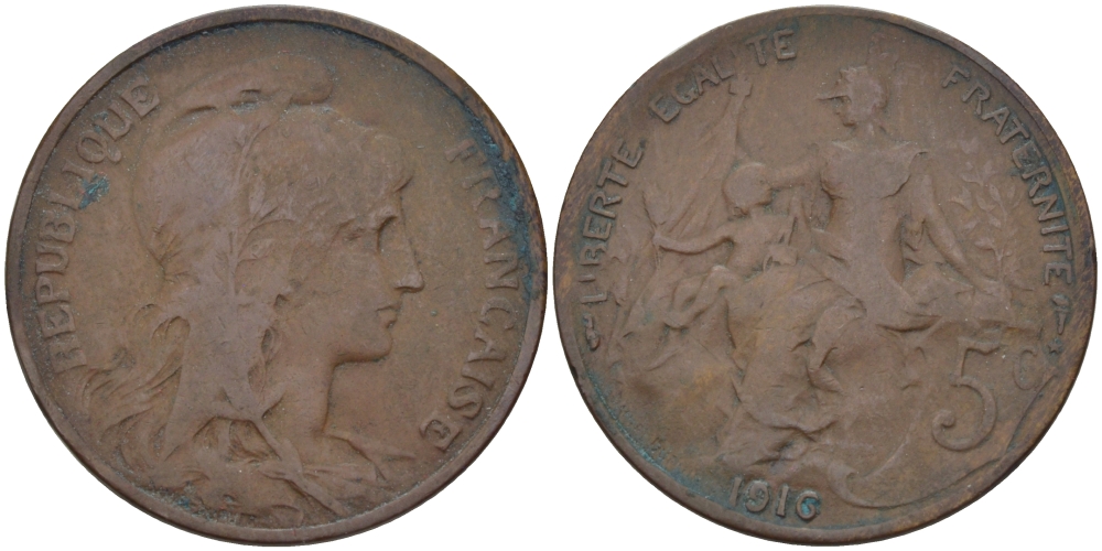 ФРАНЦИЯ 5 САНТИМОВ 1910 ТИП ДАНИЭЛЬ ДЮПЮИ KM 842, LE FRANC 119.22 бронза 28-611