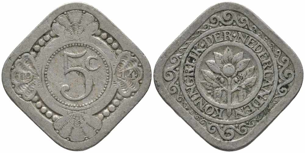 НИДЕРЛАНДЫ 5 ЦЕНТОВ 1914 ВИЛЬГЕЛЬМИНА (1890-1948) KM 153 медно-никель 112-449