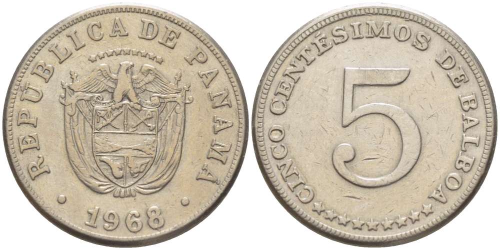 Панама 5 сентесимо 1968 KM 23.2 медно-никель 4519-617