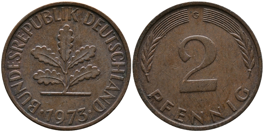 ФРГ 2 пфеннига 1973 G KM 106а, J.381а сталь плакированная медью 99-218