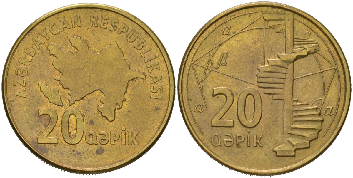 Азербайджан 20 гяпиков 2006 KM 43 сталь плакированная латунью 4388-653