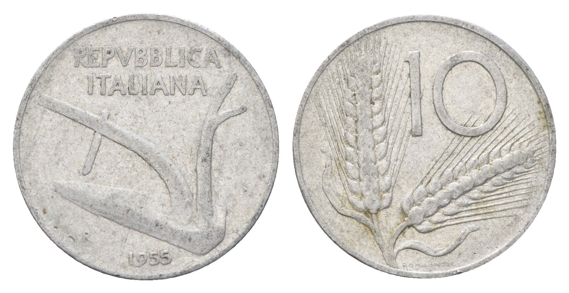 Италия 10 лир 1955 R, плуг, колосья KM 93 алюминий 4704-534