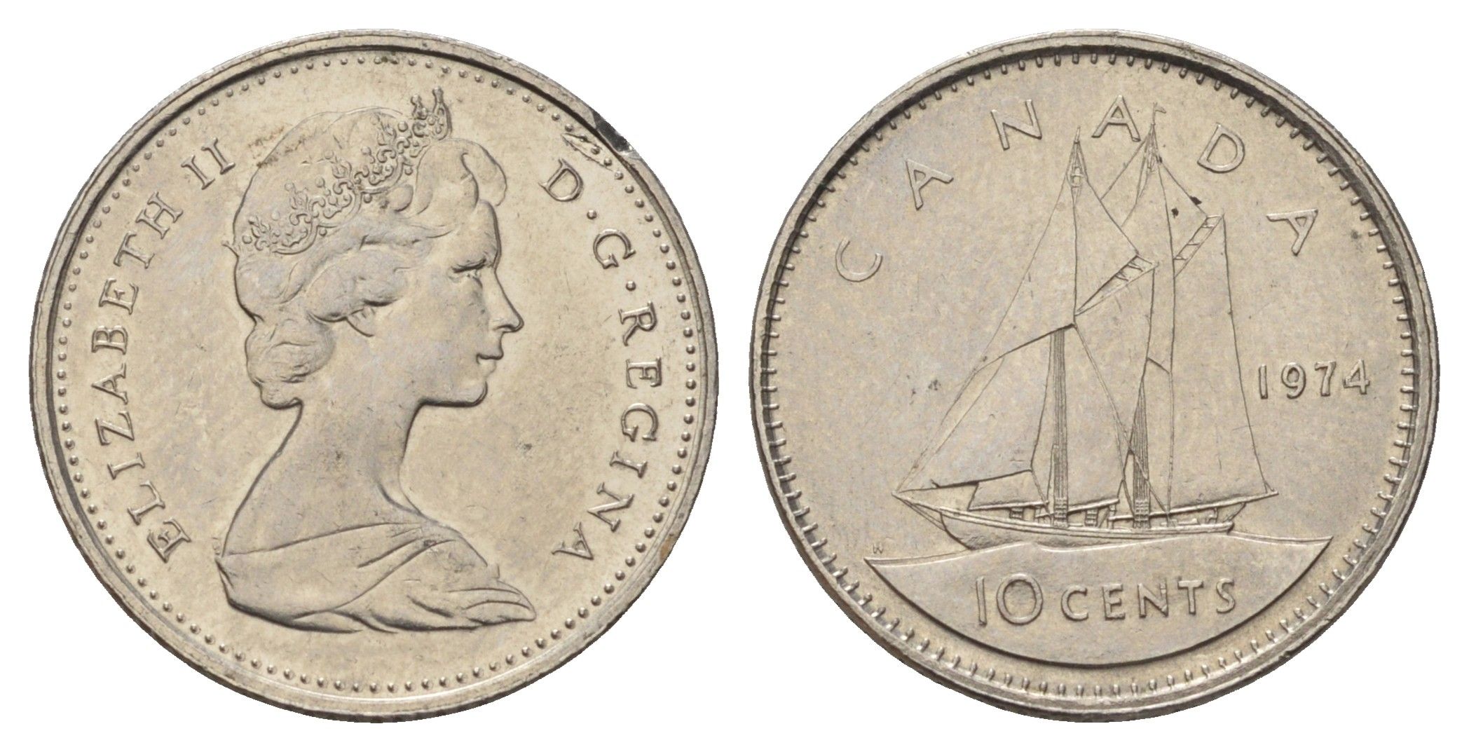 Канада 10 центов 1974 Елизавета II (1952-2022), парусник KM 77 никель 4689-539