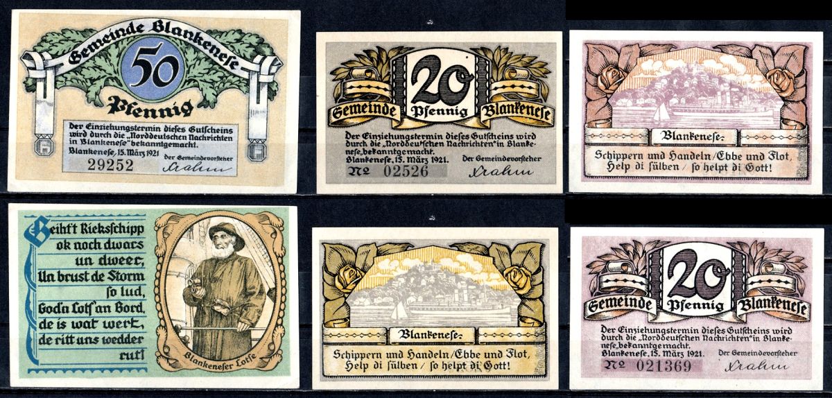 Бланкенезе (Пруссия, Шлезвиг-Гольштейн) полный набор из 3 нотгельдов (20 и 50 пфеннигов) 1921 Mehl Grabowski 115.2 бумага UNC (пресс) 7556-52-2-1