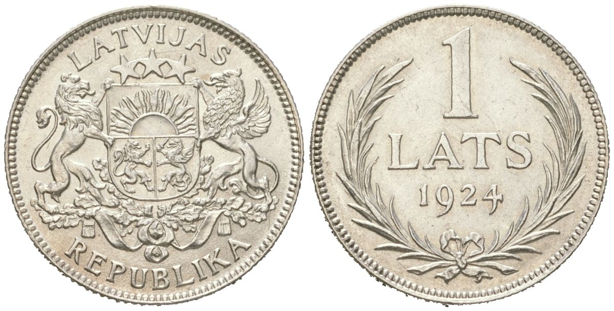 Латвия 1 лат 1924 Первая республика (1918-1939) KM 7 серебро UNC 34-1131