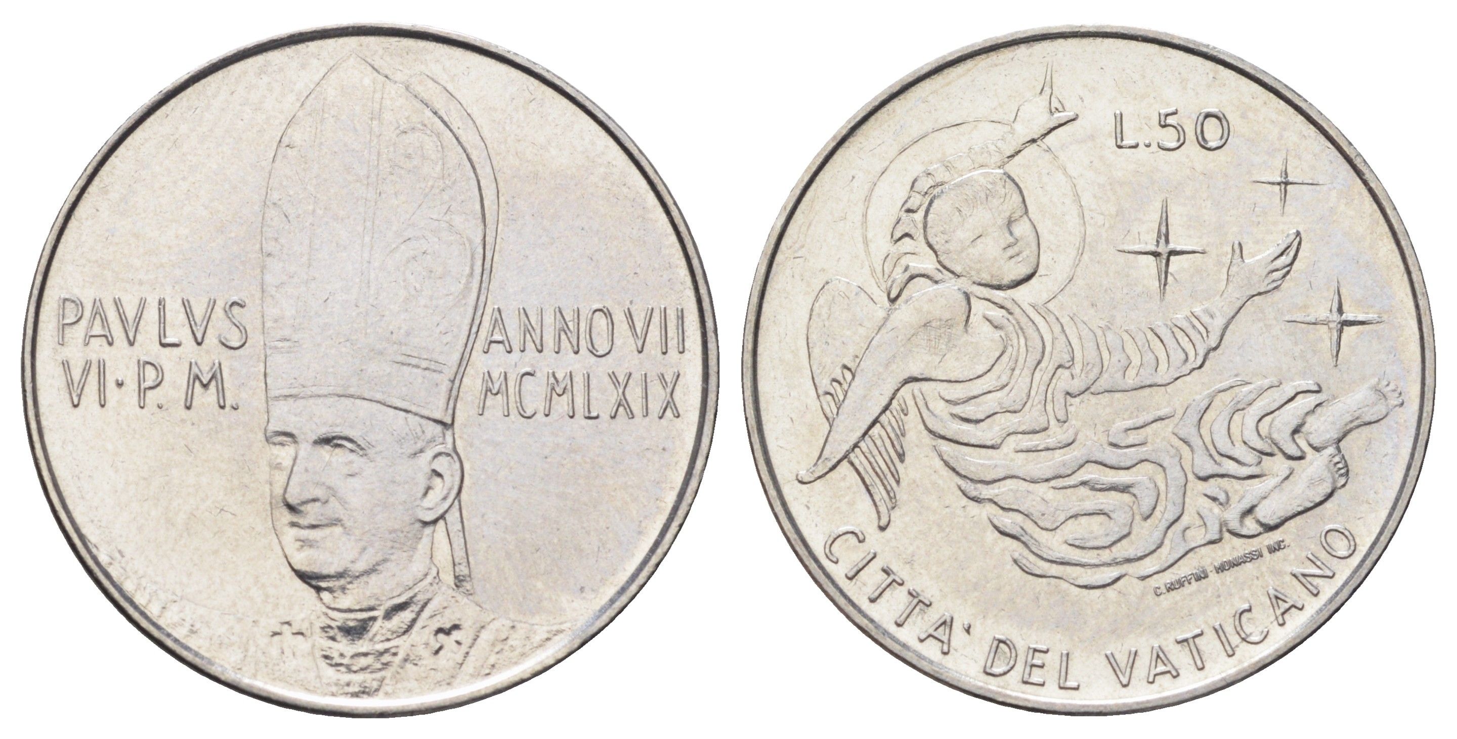 Ватикан 50 лир 1969 MCMLXIX, год-тип KM 113 нержавеющая сталь UNC 4700-642