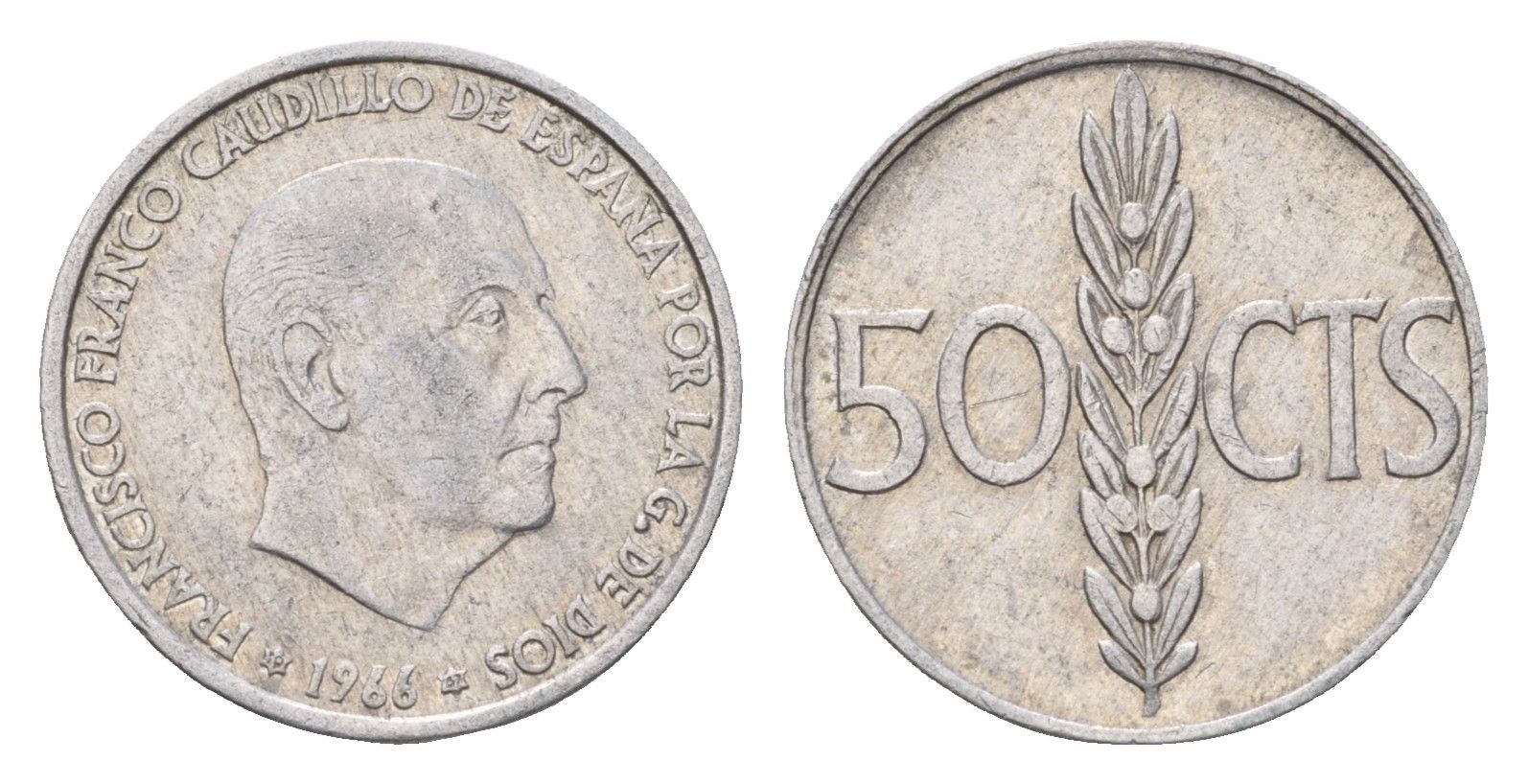 Испания 50 сентимо 1966 (67) Франциско Франко (1939-1975) KM 795 алюминий 4685-1057