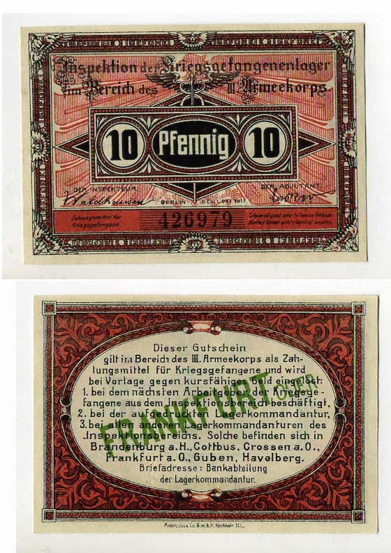 Германия 10 пфеннигов 1917 инспекция лагерей военнопленных в Франкфурте на Одере, III-ий Армейский корпус C-2962 бумага UNC (пресс) 504-92-1-1