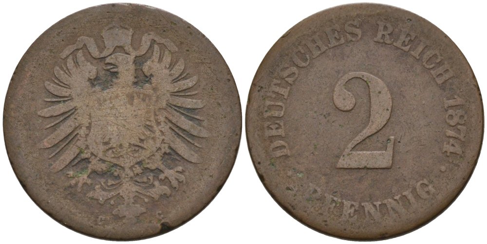 Германия 2 пфеннига 1874 C, старогербовка KM 2, J. 2 медь 4575-617