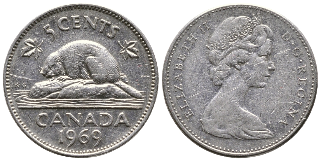 КАНАДА 5 ЦЕНТОВ 1969 ЕЛИЗАВЕТА II, БОБЕР KM 60.1 никель 4364-2356