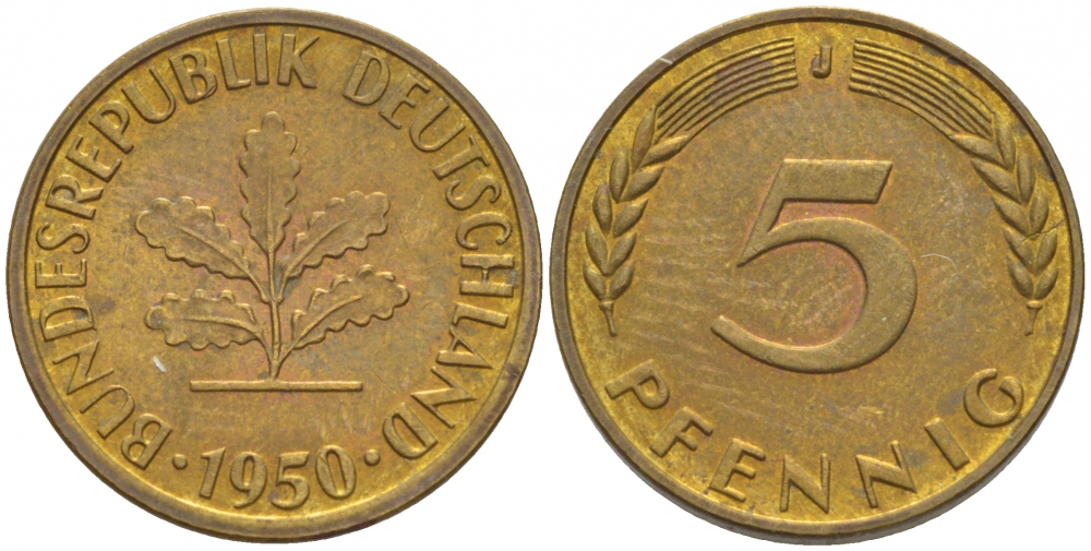 ФРГ 5 ПФЕННИГОВ 1950 J KM 107, J.382 сталь плакированная латунью 4547-1158