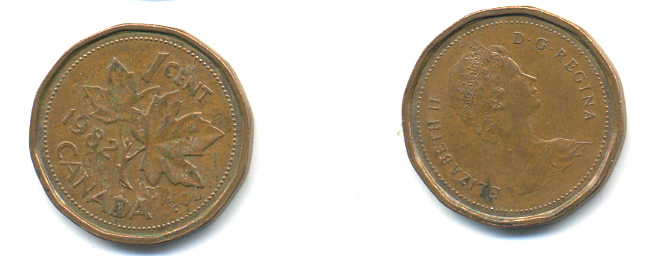 Канада 1 цент 1982 Елизавета II (1952-2022), кленовый лист KM 132 бронза 177-1455
