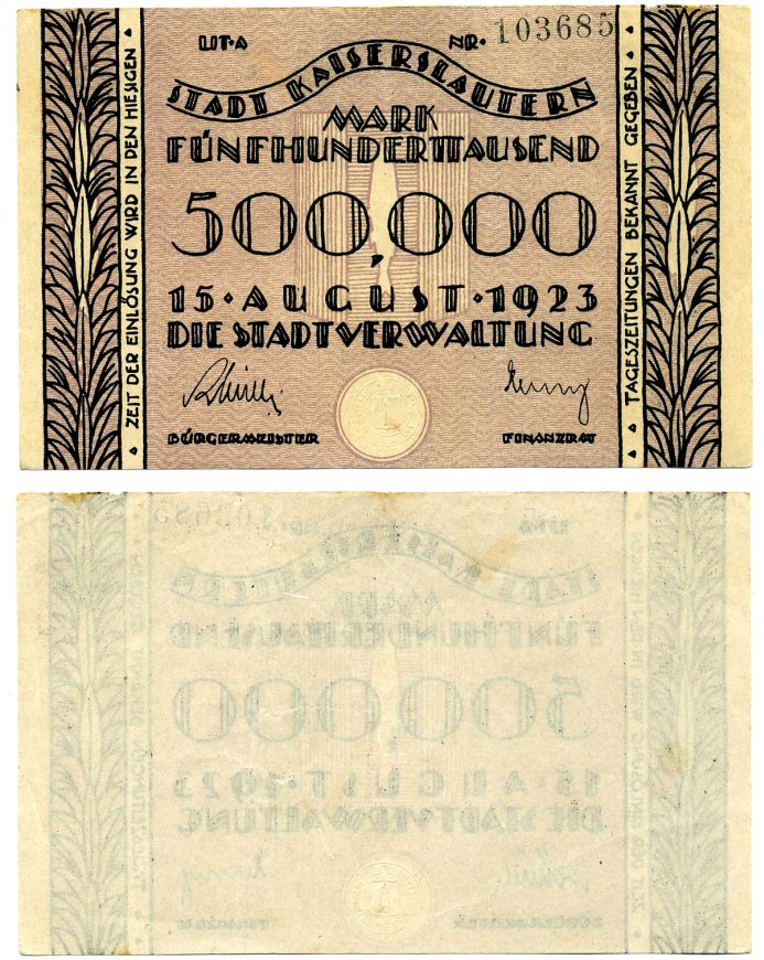 КАЙЗЕРСЛАУТЕРН 500000 марок 1923 15 августа 1923, нотгельд, земля РЕЙЛАНД-ПФАЛЬЦ Keller 2541а бумага 2193-29-1-2