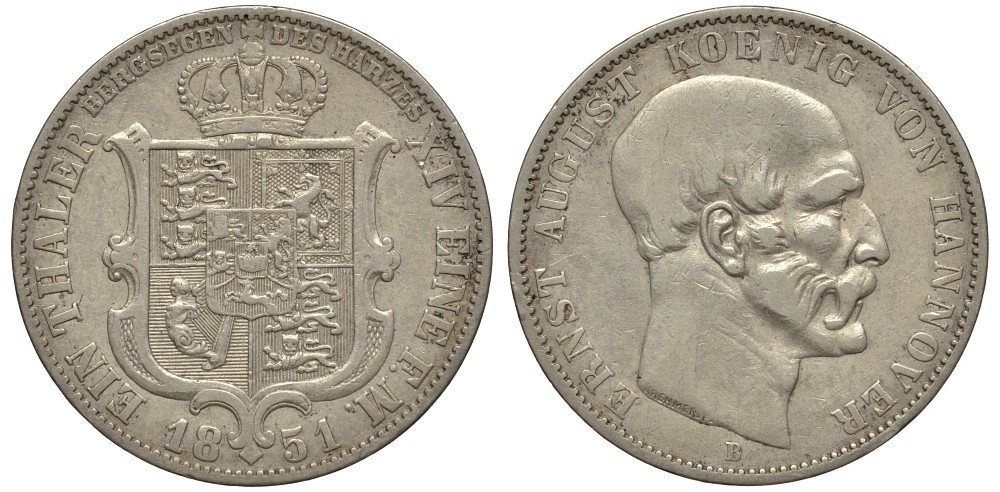Брауншвейг-Каленберг-Ганновер 1 талер 1851 B, Эрнст Август (1837-1851) КМ 209.2, Jaeger 63, Kahnt 224, AKS 134 серебро 413-4122