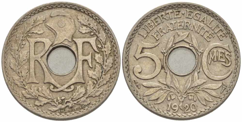 ФРАНЦИЯ 5 САНТИМОВ 1920 ТИП ЛИНДАЙЁ KM 865, LE FRANC 121.4 медно-никель 4379-1315