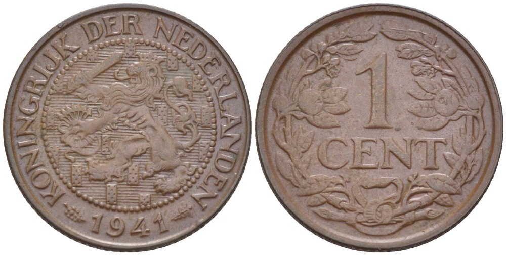 НИДЕРЛАНДЫ 1 ЦЕНТ 1941 ВИЛЬГЕЛЬМИНА (1890-1948) KM 152 бронза 76-534
