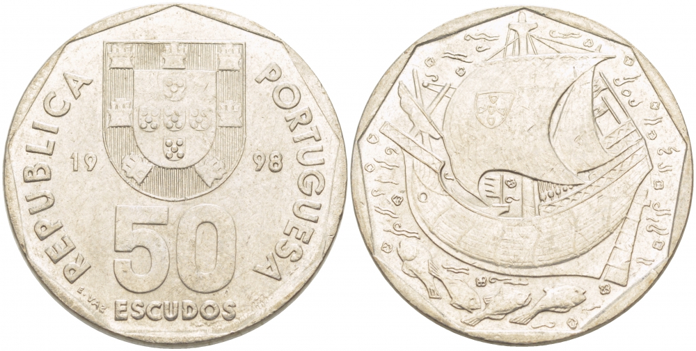 ПОРТУГАЛИЯ 50 ЭСКУДО 1998 KM 636 медно-никель 4403-844