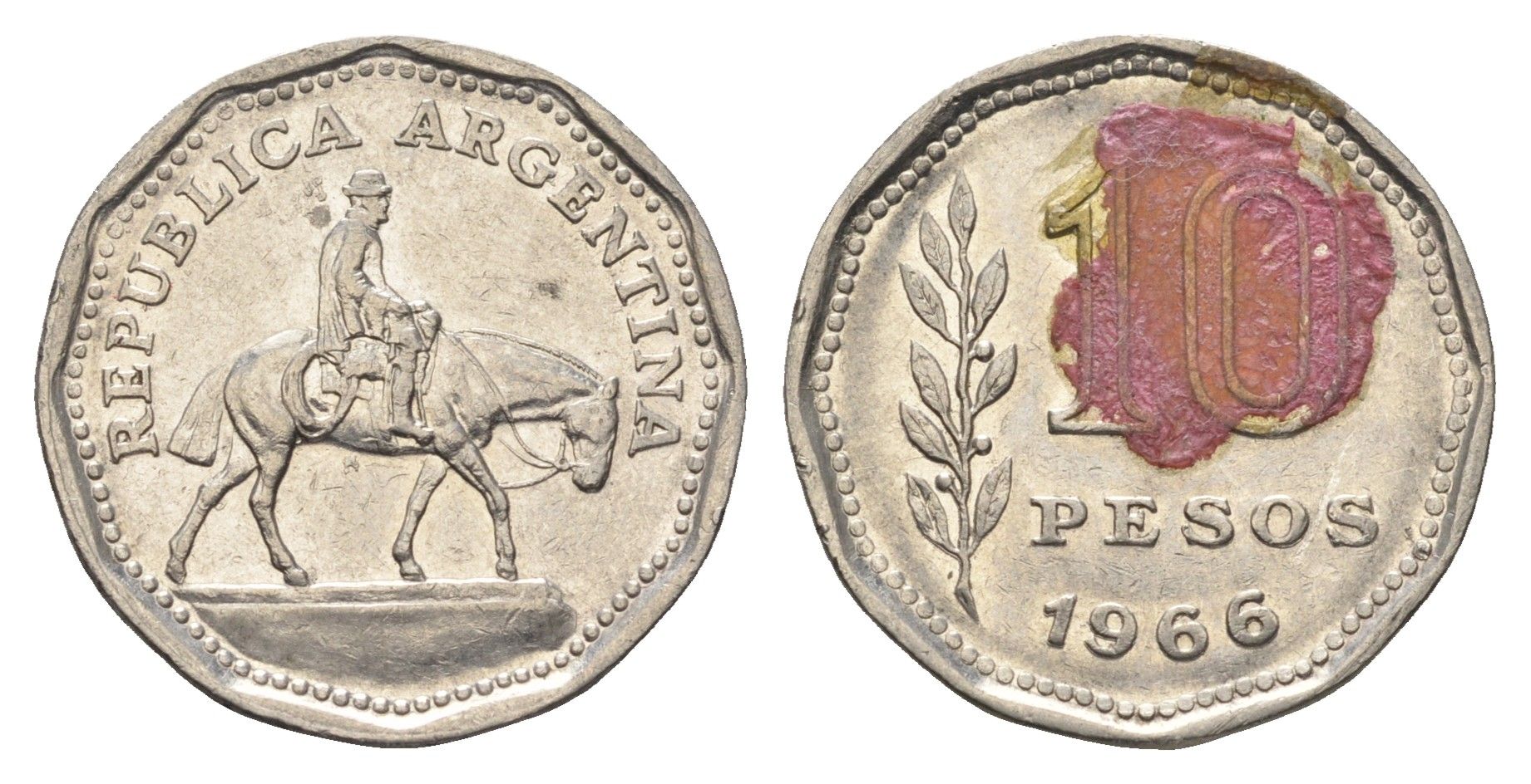 Аргентина 10 песо 1966 Гауч KM 60 сталь плакированная никелем 4663-655