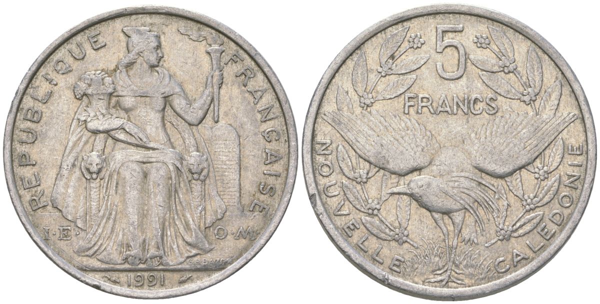 Французская Новая Каледония 5 франков 1991 птица кагу, (IEOM) KM 16, Schoen 12, Lec 79 алюминий 180-1231