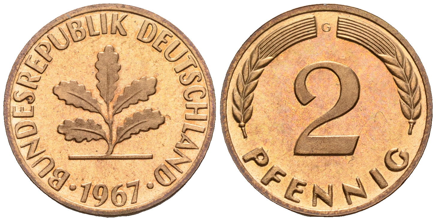 ФРГ 2 пфеннига 1967 G KM 106, J.381 бронза PROOF 1094-7-85