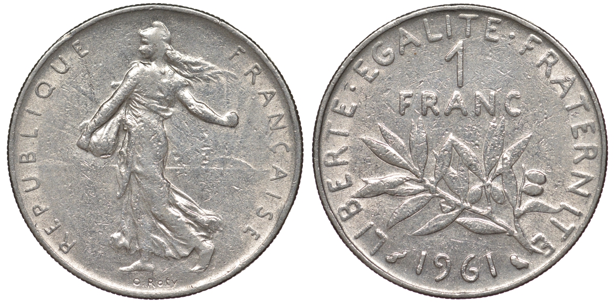 Франция 1 франк 1961 сеятель KM 925.1 никель 25-2347