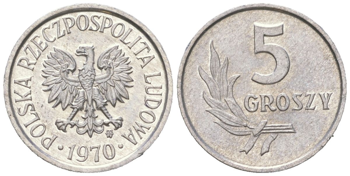 Польша 5 грошей 1970 KM A46 алюминий aUNC 4392-665