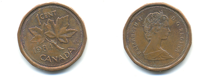 КАНАДА 1 ЦЕНТ 1984 ЕЛИЗАВЕТА II, КЛЕНОВЫЙ ЛИСТ KM 132 бронза 177-1414