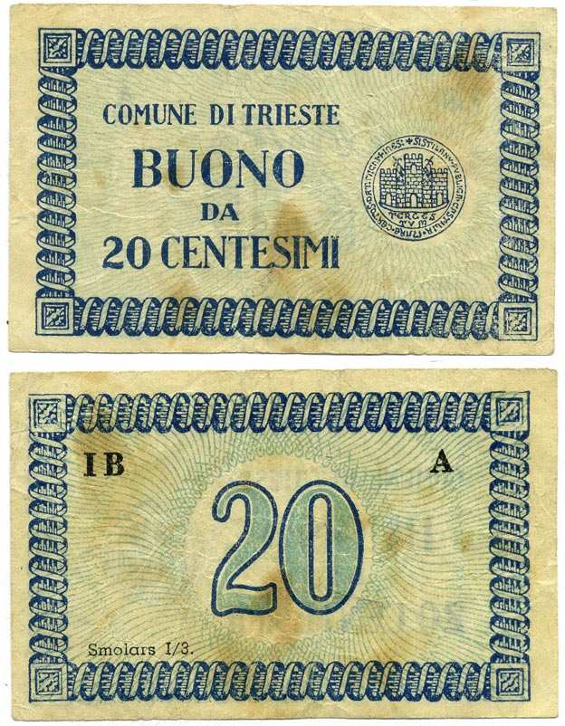 Италия, Триеста 20 чентезимо 1945 Comune Di trieste, серия IB/A бумага 8611-45-1-2