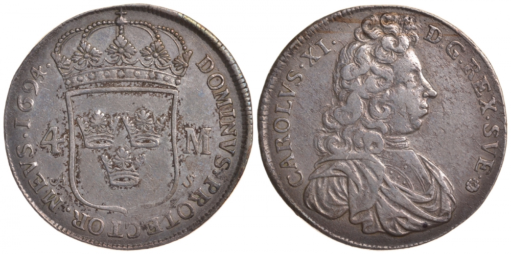 Швеция 4 марки 1694 Карл XI KM 296 серебро 00-000-00