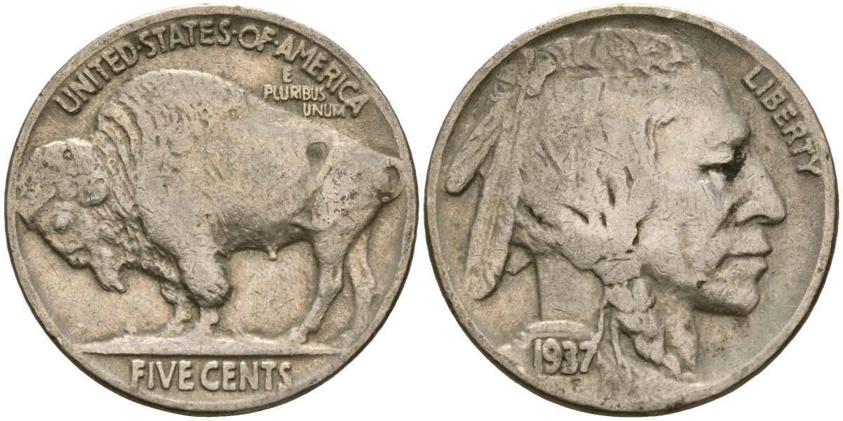 США 5 центов 1937 индеец, бизон KM 134 медно-никель 4172-326