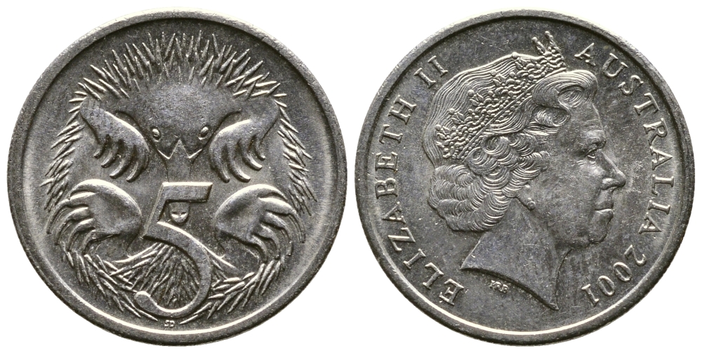 Австралия 5 центов 2001 Елизавета II (1952-2022), ехидна KM 401 медно-никель 84-915