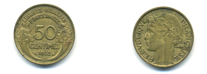ФРАНЦИЯ 50 САНТИМОВ 1932 ТИП MORLON, OPEN 9, С ЯГОДОЙ KM 849.1, LE FRANC 192.7 алюминиевая бронза 80-861