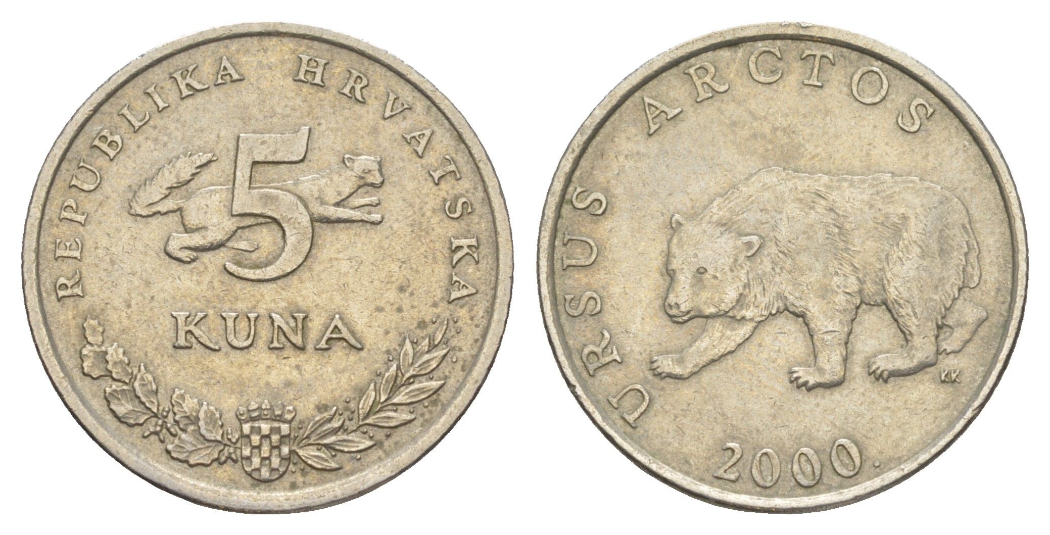 Хорватия 5 кун 2000 бурый медведь, легенда на латинском KM 23 медь цинк никель 4514-852