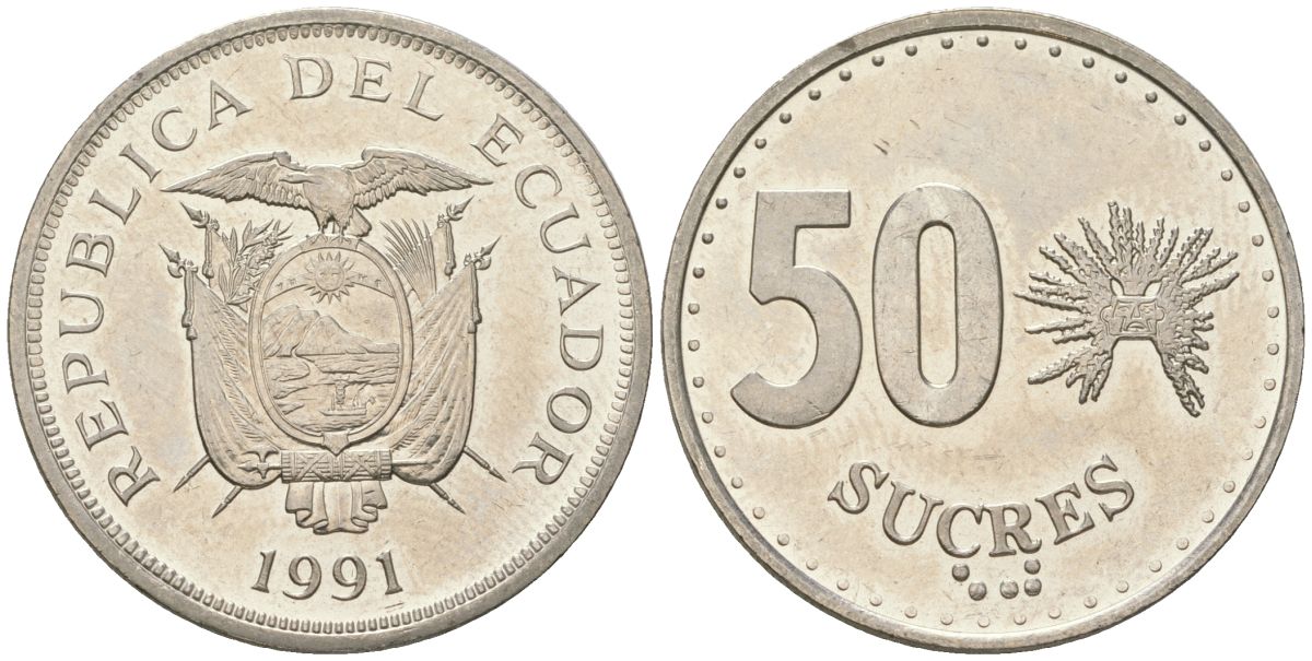 Эквадор 50 сукре 1991 KM 93 сталь плакированная никелем 4511-1041