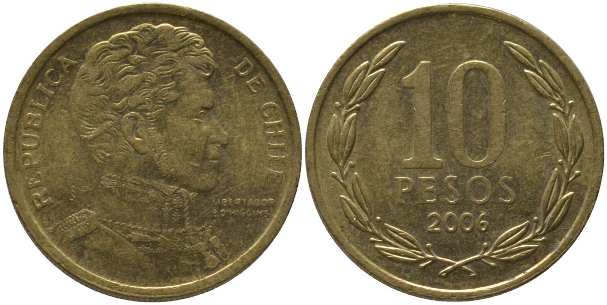 Чили 10 песо 2006 L KM 228.2, Schon 82 алюминиевая бронза 4544-742