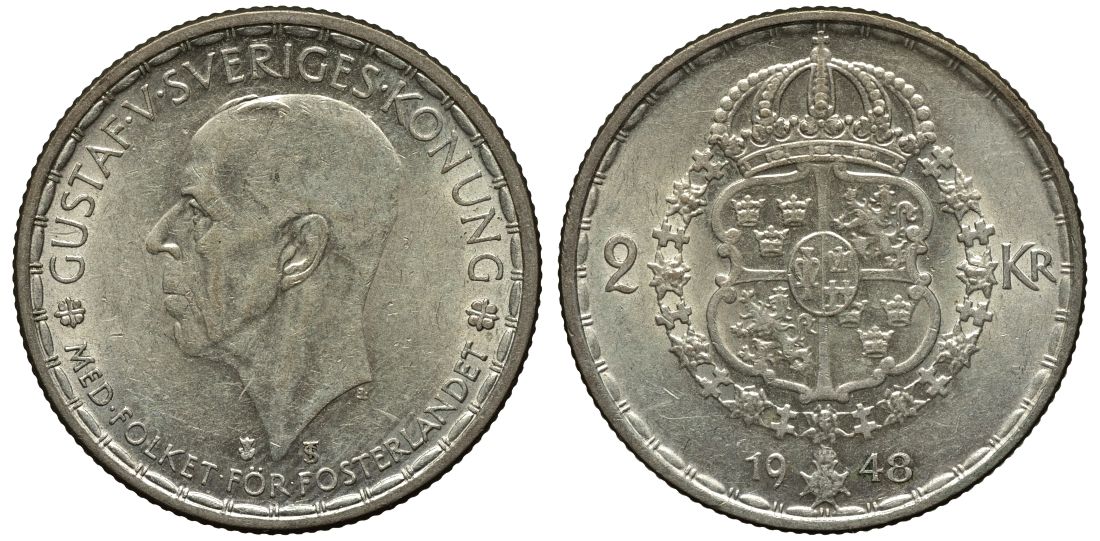 Швеция 2 кроны 1948 TS, Густав V (1907-1950) KM 815 серебро 221-616