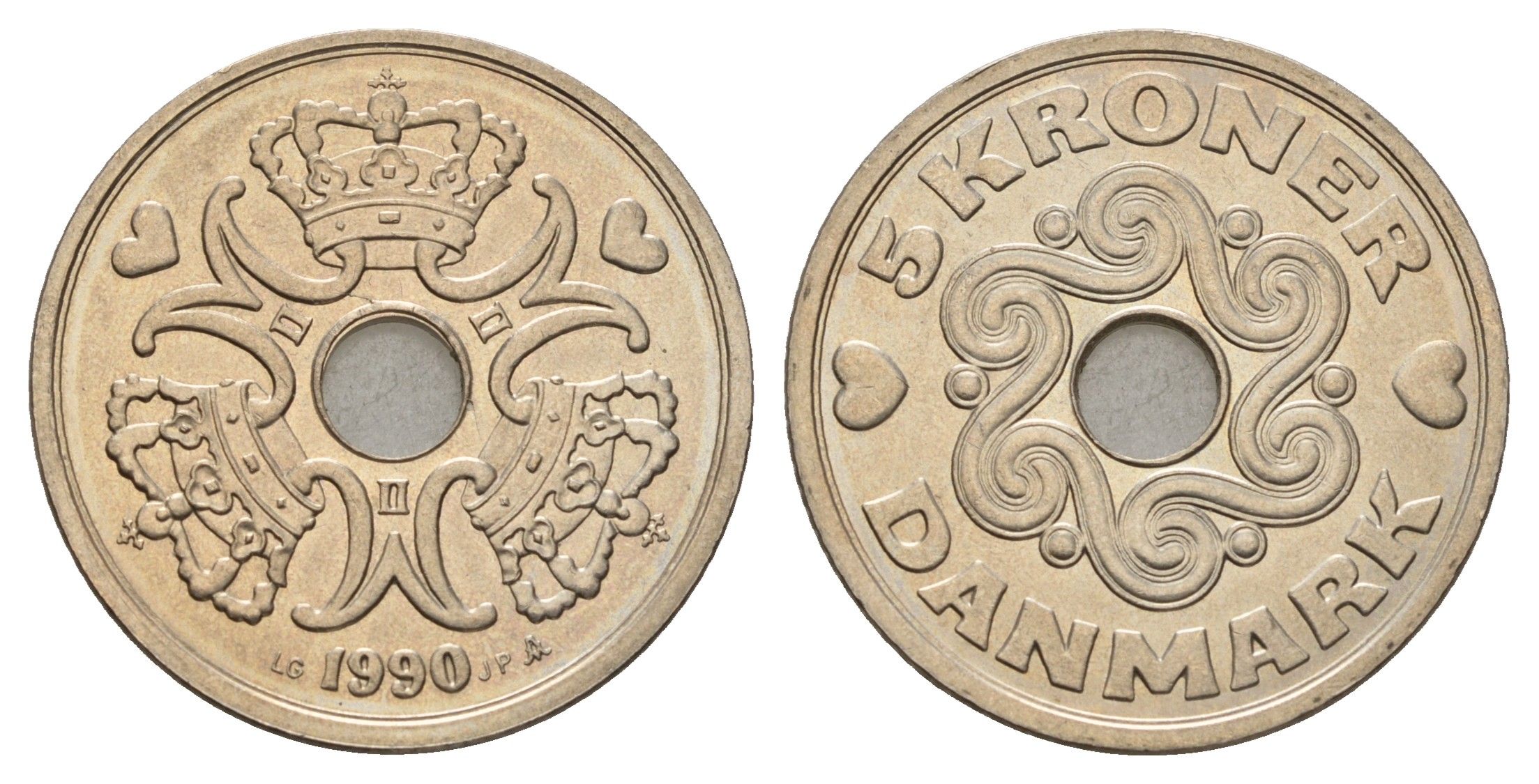 Дания 5 крон 1990 Маргрете II (1972-2024) KM 869 медно-никель UNC 175-734